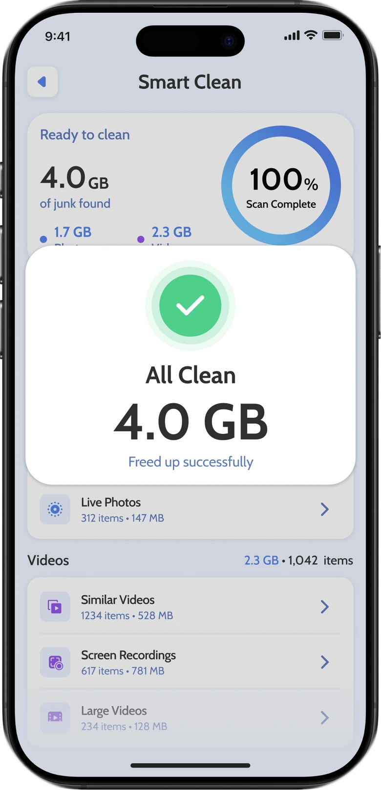 Scanero Smart Clean screen showing 4.0 GB of junk freed up successfully